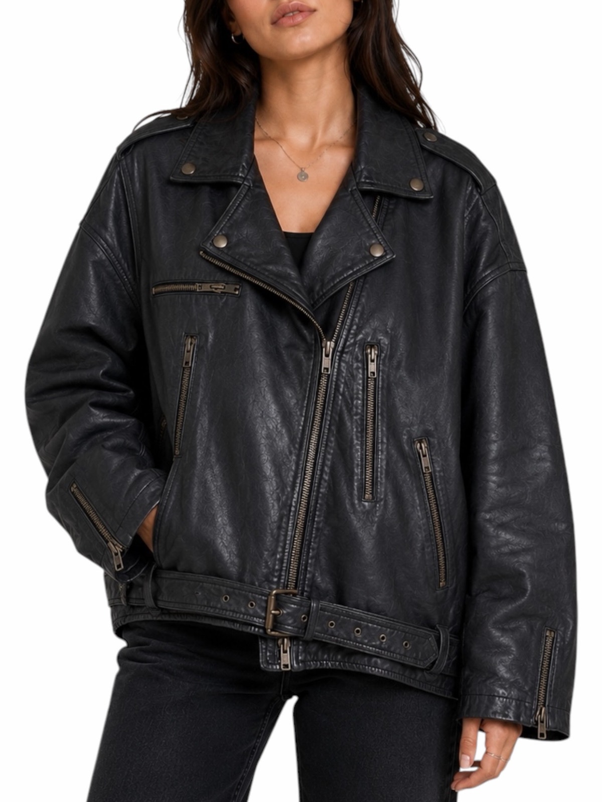 Nicole Miller Lamb Leather Moto Jacket Belt Front Black Size M